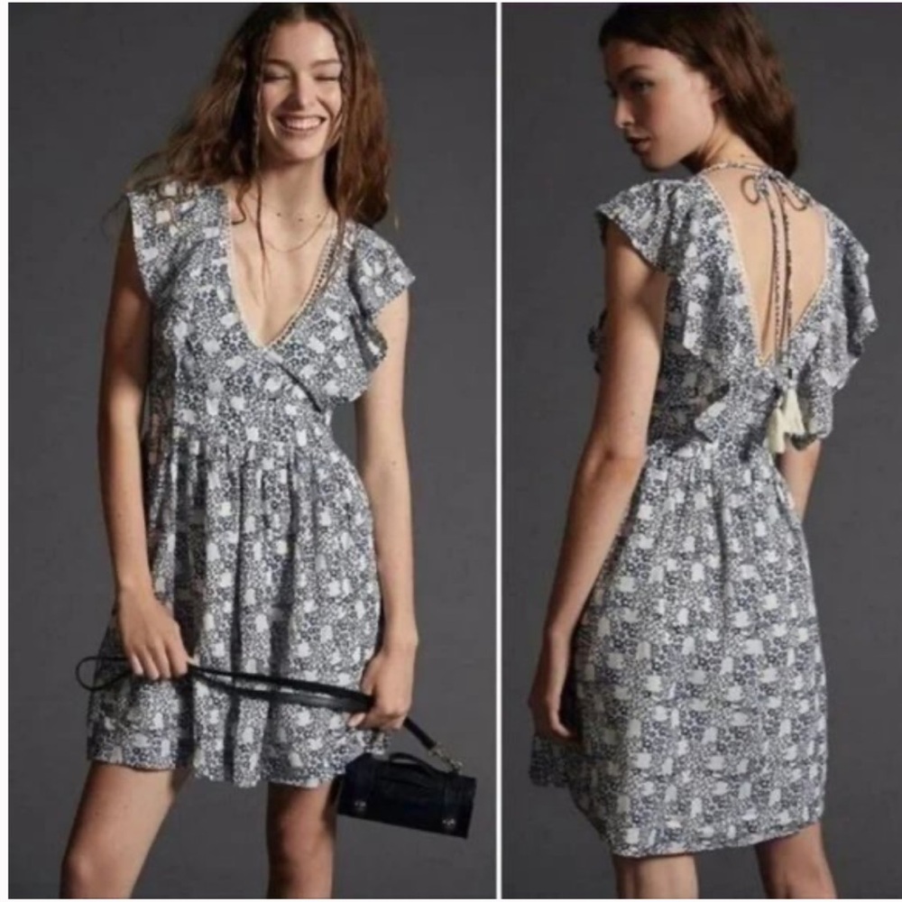By Anthropologie Blue and White Motif Floral Print Mini Dress